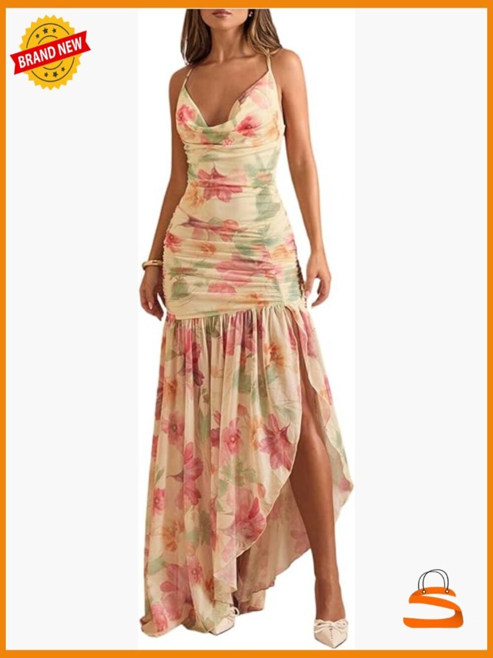 Floral Cowl Neck Halter Maxi Dress Sleeveless Split Ruffle Vacation